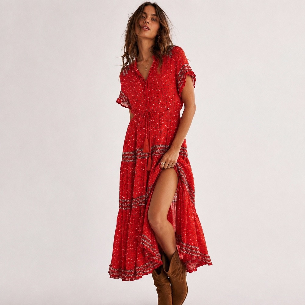 Free People Rare Feelings Midi Dress Red Floral Boho Tiered Tassel Small